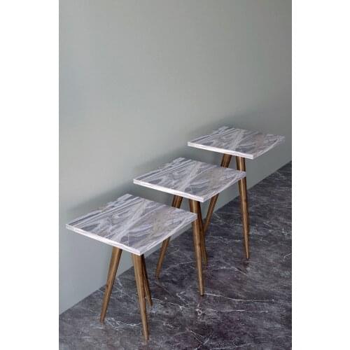 Retro 3 pcs Zigon Coffee Table Side Table Serving Stand And Tea Stand-White Marble made in turkiye
