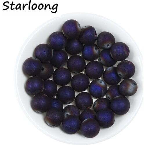 8-14mm Natural Stone Beads Round Matte Purple Electroplated Frosted Drusy Agata Loose Beads For DIY Jewelry Making Bracelet