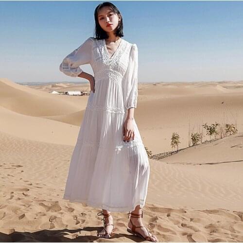 Bohemian Patchwork Lace Embroidery Maxi Dresses for Women 2021 Autumn V-Neck Dresses Casual Seaside Boho Beach Holiday Dress