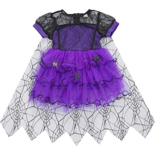 Kids Baby Girls Short Sleeve Spider Pattern Mesh Dress Fashion Dress for Halloween Girls Party Dresses 1-5Years
