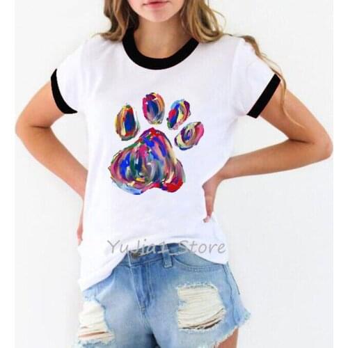 Rainbow Cat Paw Print T-Shirt WomenS Clothing Funny Casual Tshirt Femme Harajuku Kawaii Clothes Summer Tops Tee Shirt Female