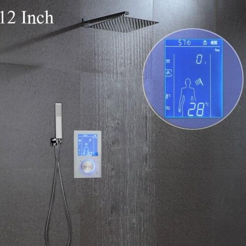 JMKWS 12" Digital Rain Shower Set Thermostat Display Smart Shower Mixing Valve In Wall Ultrathin Shower Panel Faucet Handshower