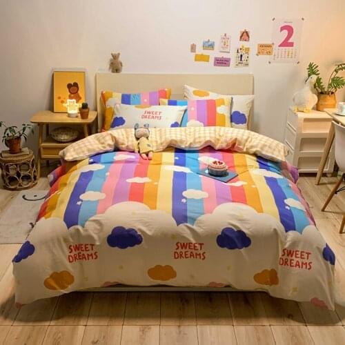 3/4pcs Rainbow Bedding Sets for Children Single Full Bed Sheets Cartoon Clouds Duvet Cover Set Girls Boys Queen Bed Linen Cotton