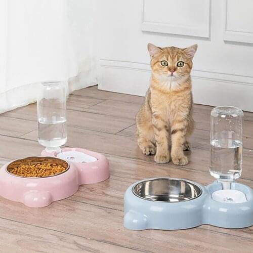 Pet Bowl With Water Bottle Kawaii Bear Shape Automatic Cat Water Dispenser Puppy Food Bowl Pet Feeding Supplies Dog Accessories