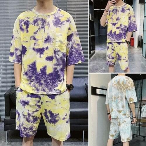Mens Tie Dye Printed Casual Set Short Sleeve Crew Neck Shirt Shorts Suit