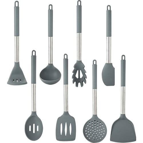 Set of 8 Silicone and Stainless Steel Utensil Set Turners Spatula Spoon Ladles Scraper Scoop Kitchen Gadgets Accessories Tools