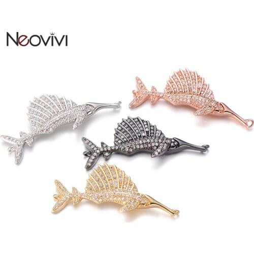 Neovivi Shiny Clear CZ Fish Charm Connector fit Bracelets Necklace Micro Pave White Zircon Charms Copper Bead for Jewelry Making
