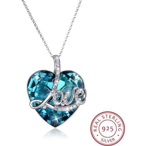 LEKANI Crystal 925 Sterling Silver Necklace Romantic Love Heart Pendant Necklace Fine Jewelry Engagement Gift