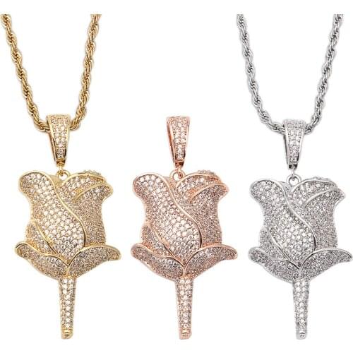Hip Hop Micro Paved AAA Cubic Zirconia Iced Out Bling Rose Flower Pendants Necklace for Men Women Jewelry Gold Silver Color