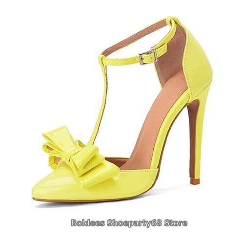 Neon lemon Yellow Patent Leather Bowtie T-Bar Straps High Heels Women Shoes Stiletto Heeled Wedding Party Sexy Women Pumps