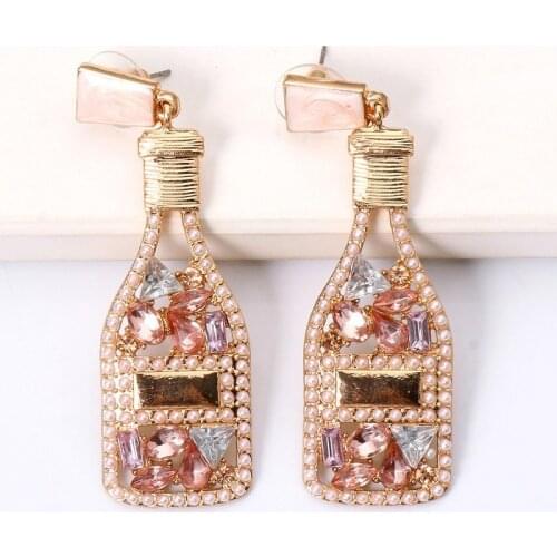Minar Dainty Full Rhinestones Champagne Bottle Dangle Earrings for Woemn Shiny Crystal Pearls Wine Bottle Hanging Earrings Gifts