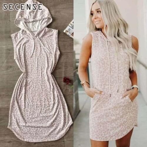 Women Hooded Drawstring Dresses T Skirt Sleeveless Dress Leopard Print Sexy Night Club Plus Size 3XL Large Size Fashion SECENSE