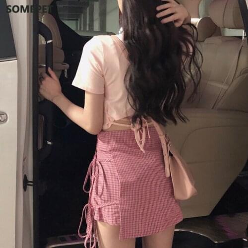 Women Summer Japanese New Spring High Waist Girl Skirts Harajuku College Vintage Skirts Sweet Lattice Bow Bandage Short Skirt