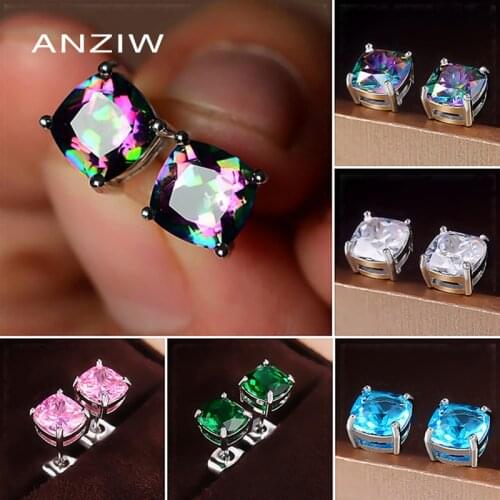 ANZIW Multicolor 7mm Sterling Crystal Stud Earrings for Women Square Zircon Earrings Lady Four-Claw 925 Sliver EarBuckle Jewelry