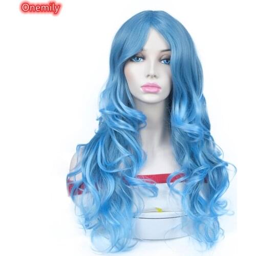 Onemily Colorful Cosplay Long Wavy Wig Light Blue Women Halloween Costume Party Wigs with Side Bangs