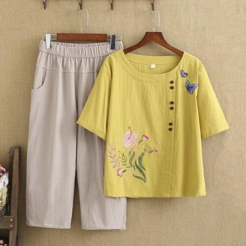 Plus Size Summer Set O-Neck Short Sleeves Cotton And Linen Shirt Elastic Waist Medium And Long Pants Embroidery Two-Piece Suit