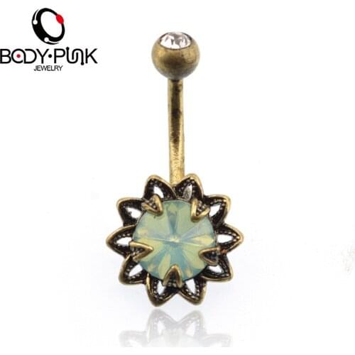 BODY PUNK Flower And Stone Combo Navel Ring Copper-Blue Stone Navel Ring Fashion Sexy Women Body Jewelry Piercings Ring NR 110