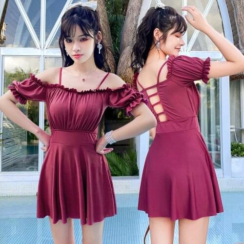 2021 New Fashion Ladies Solid Color Swimsuit Sexy High Waist Cover Meat Thin Boxer One-piece Skirt Swimsuit Swimwear