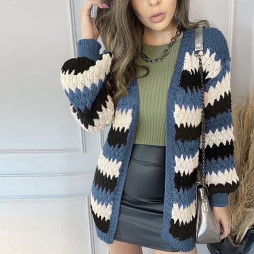 2021 Winter WoimenKnitted Sweater Fashion Casual Cardigan Rhombus Printed Ladies Coat Vintage Lantern Long Sleeve Loose Tops