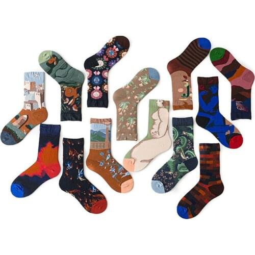 3 Pair Funny Happy Spring Creative Art Socks French Designer Graffiti Portrait Street Female Lolita Cotton Cute Women Warm Socks