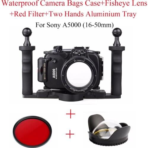 40m Waterproof Underwater Diving Camera Housing Case For Sony A5000 16-50mm +Two Hands Aluminium Tray+Fisheye Lens+Red Filter