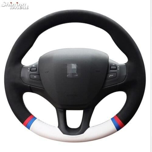 BANNIS Hand-stitched Black Suede White Leather Car Steering Wheel Cover for Peugeot 208 Peugeot 2008