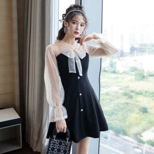 COIGARSAM Women one-piece dress korean Spring High Waist Dresses Black 1020