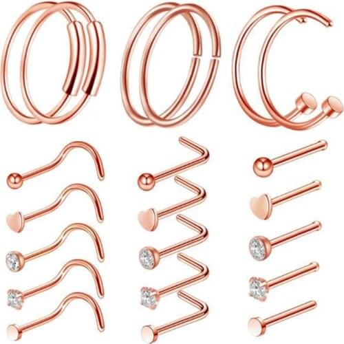 Rose gold color surgical Steel Heart Star Zircon Nose Screw Ring L Rose Gold Nose Stud Retainer Holder Piercing Body Jewelry