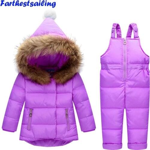 Russia Winter Children Clothing Sets Snow Jackets Pant 2pcs Set Baby Girls Duck Down Coats Jacket Fur Hood Outwear Kids Snowsuit