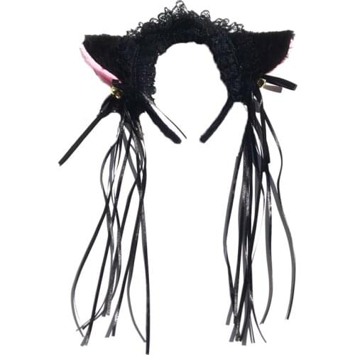 Women Girls Fluffy Plush Cat Ears Headband with Small Bells Ribbon Tassels Ruffles Lace Lolita Anime Kawaii Hair Hoop Party