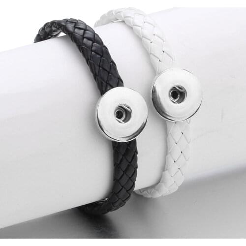 Hot Sale Black White Braided PU Leather Bracelets For Women 18mm Snap Buttons Bracelet Fit DIY 18mm Snap Jewelry