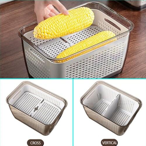 Food Storage Basket Vegetable Fruit Washing Basket With Lid Refrigerator Food Drain Sealed Fresh-keeping Box Kitchen Organizer