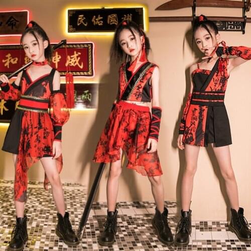 New Girls Hip Hop Costumes Street Dancewear Kids Modern Jazz Dancing Outfit Chinese Style Catwalk Performance Clothing DNV12869