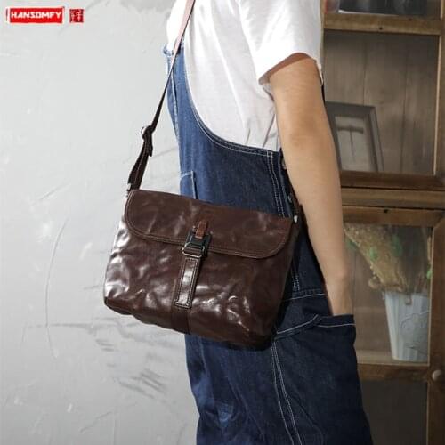 Lock Handmade Mens Bag Distressed Retro Fold Crossbody Bag Soft Black Leather Men Shoulder Messenger Bags 2021 New Original