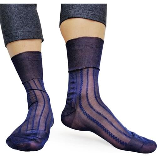 Classic Style Mens Striped Silk Socks Nylon Sexy Fetish Collection Ultra Thin Sofy Male Formal Dress Suit Socks Transparent