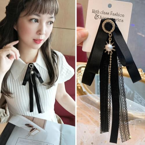 New Fashion Fabric Bowknot Brooch Black Lace Crystal Bow Tie Shirt Lapel Pins Dress Corsage Jewelry Gifts for Women Accessories