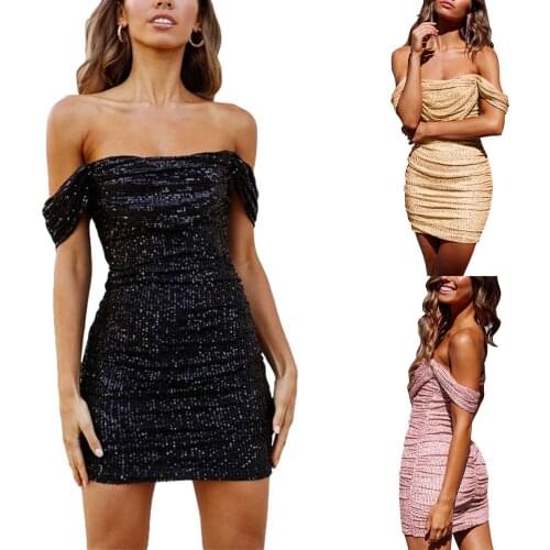 2021 New Women Sexy Off Shoulder Bodycon Dress, Solid Color Sequin Sparkling Pencil Dress Cocktail Party Clothes