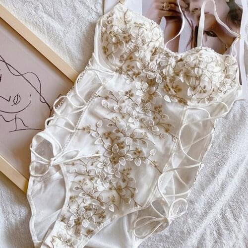 New French Lace Embroidery Bodysuit Sexy Women Thin Cup Push Up Bra Set Classic Bandage Hollow Bodycon Underwear Mesh Corset