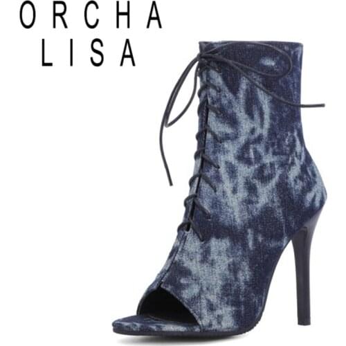 ORCHA LISA 2021 Summer Cool Ankle Boots Ladies Party Open Toe Lace Up 11cm Strange Thin Cover Heel US17 Black Blue Brown A4337