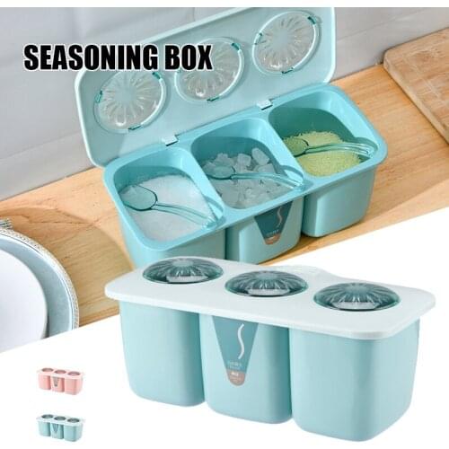 New Seasoning Box with Clear Lid and Spoon 3 Compartments Condimen Storage Organizer Kitchen Supplies Herb Spice Tools Gadgets