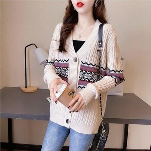 Autumn and winter new retro knitted sweaters womens casual cardigans wear loose jackets womens long-sleeved v-neck tops