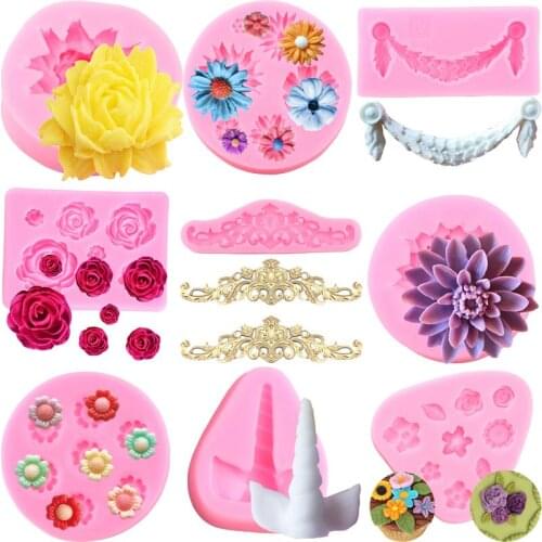 Rose Flower Daisy Relief Silicone Mold Unicorn Horns Fondant Cake Decorating Tools Chocolate Gumpaste Mould Candy Resin Molds