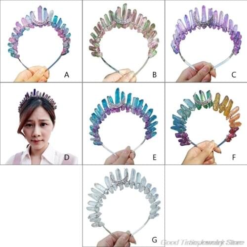 Romantic Colorful Jewelry Tiara Crown Rainbow Raw Quartz Crystal Headband Ethnic Antique Crescent Moon Metal Hair Hoop A28 21