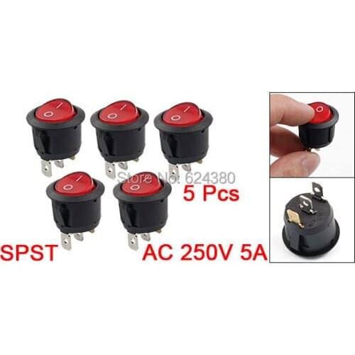 SPST 1P1T On-off Snap In Round Boat Rocker Switch Red Indicator Light 3 Pin 3P 5A 250V / 10A 125V AC Discount x 5 Pcs / Lots