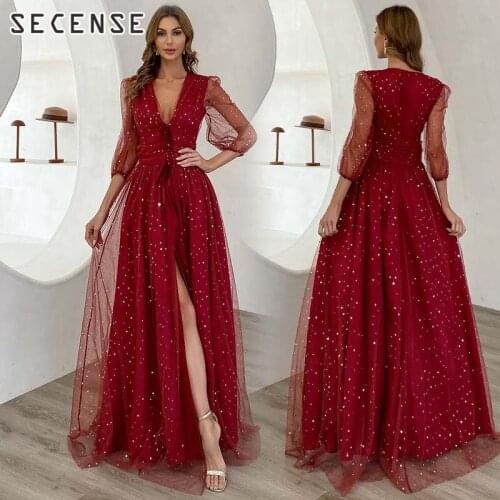 Maxi Evening Party Long Dresses Women Sexy Deep V Neck Female Grenadine Half Sleve High Split Mesh Beach Ladies Skirt SECENSE