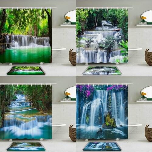 2Pcs/Set 3D Print Waterfall landscape Shower Curtain Set Bathroom Curtains Waterproof Fabric+Toilet Non-slip Bath Mat Home Decor