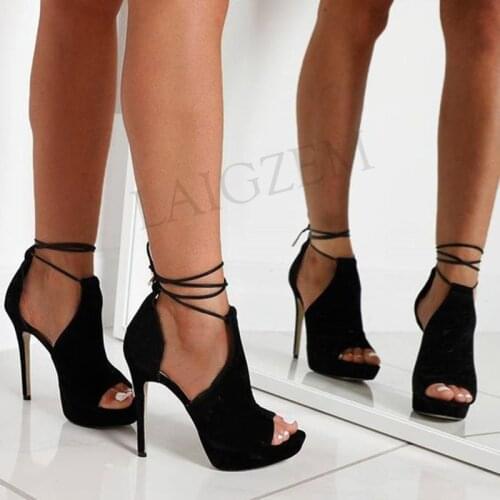 LAIGZEM Lace Up Women Sandals Faux Suede Heels Stiletto Heel Platform Party Sandalia Pumps Shoes Ladies Woman Large Size 48 50