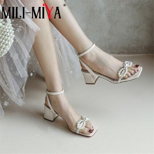 MILI-MIYA Hot Sale Pearl Bowknot Women Cow Leather Sandals PVC Transparent High Heels Summer Square Toe Ankle Buckle Strap Shoes