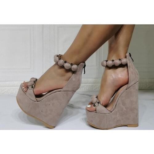 100% Real Photos Woman Nude Suede Balls Rivets Wedge Sandals Female Thick Sole Platform Cover Heel Zipper Heels Casual Shoes