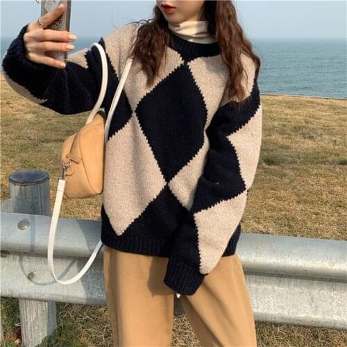VSUE Women Causal Winter Autumn Knitted Heavy Yarn Argyle Spliced O-Neck Raglan Sleeve Pullover Thick Loose Sweater Tops M3001